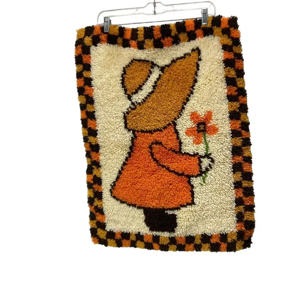 Vtg 1970's Flower Girl Holly Hobbie Rug 19.5 x 26.5 MCM Decor Orange Brown